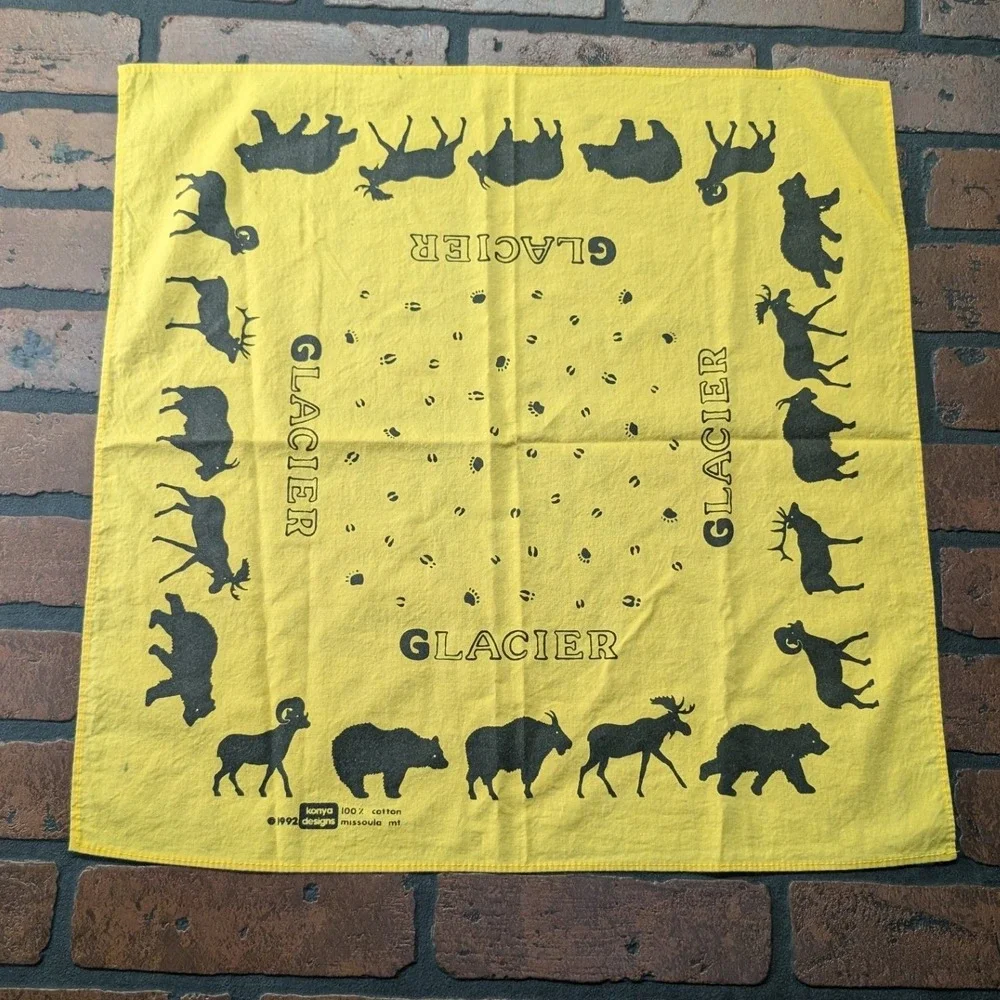 Vintage 1992 Konya Designs Glacier National Park Yellow Cotton Bandana Scarf